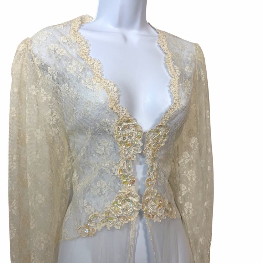 Vintage 1980s Bridal Lace Pearls Sequin Open Robe